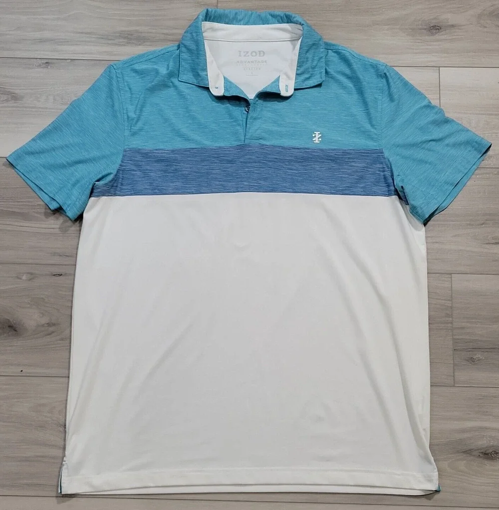 Izod Polo Shirt Men's Large Blue White Color Block 2 Buttons Short Sleeve